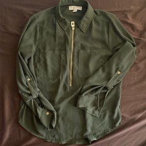 Michael Kors Dark Green Zippered and Double Pocket Semi-Bus Casual Top - Medium